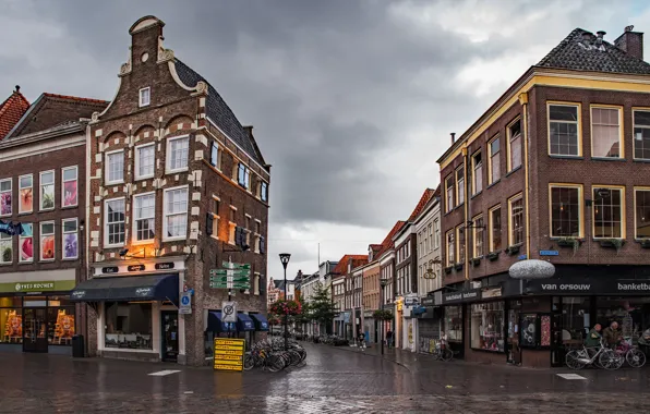 Дорога, облака, пасмурно, дома, Нидерланды, улицы, велосипеды, Zwolle