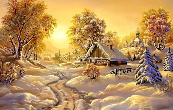 Landscape, winter, snow, painting, hut