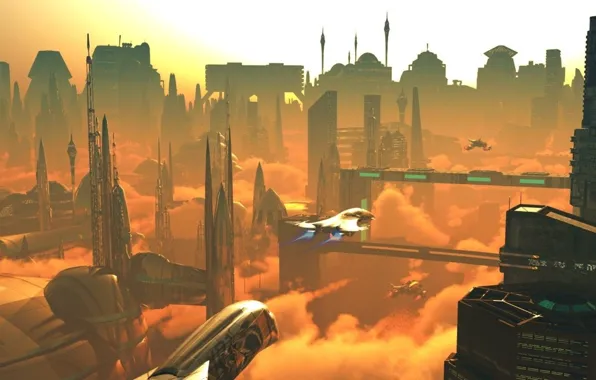 City, sky, clouds, spaceship, planet, towers, megapolis, real beauty