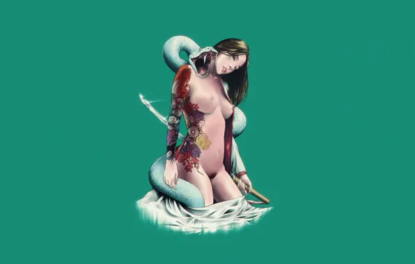 Девушка, Грудь, Минимализм, Стиль, Girl, Меч, Голая, Тату