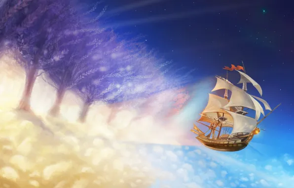 Облака, свет, деревья, полет, рисунок, корабль, парусник