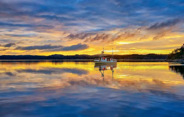 Картинка clouds, morning, sunrise, dawn, Norway, boat, Vestlandet, Rogaland