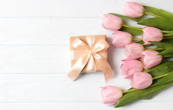 Цветы, подарок, букет, тюльпаны, розовые, wood, pink, flowers
