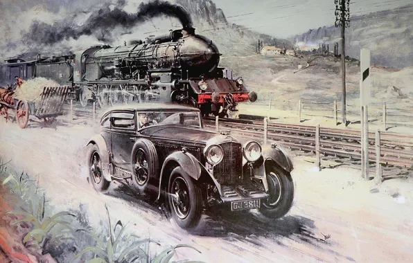 Дорога, авто, ретро, паровоз, начало, дым., XX век