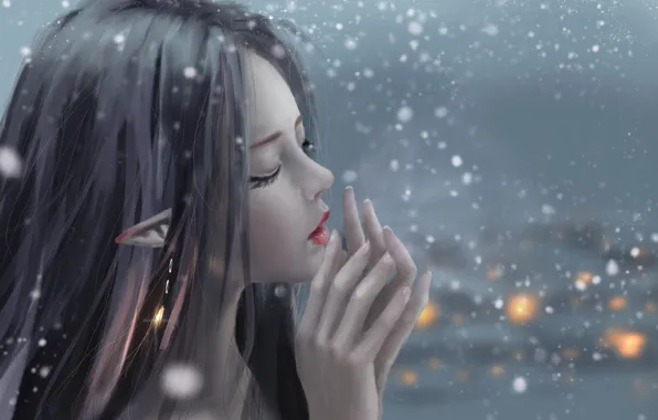 Картинка girl, fantasy, snow, artist, elf, digital art, artwork, fantasy art