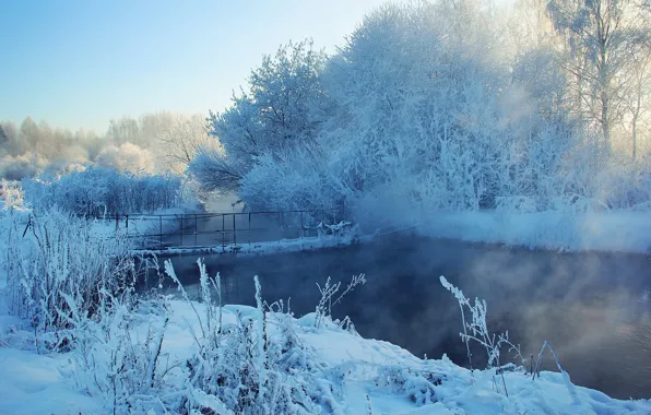 Картинка зима, снег, деревья, мост, река