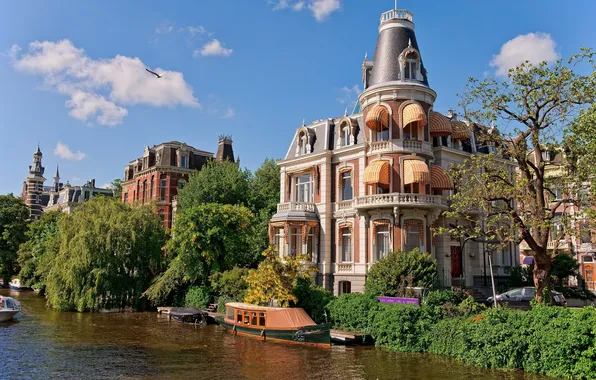 Деревья, дом, лодка, Амстердам, канал, Нидерланды, Holland, Amsterdam