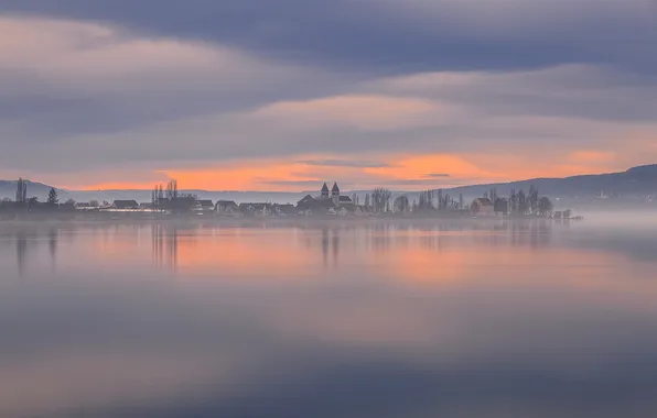 Картинка озеро, рассвет, утро, Германия, городок, Germany, водная гладь, Боденское озеро