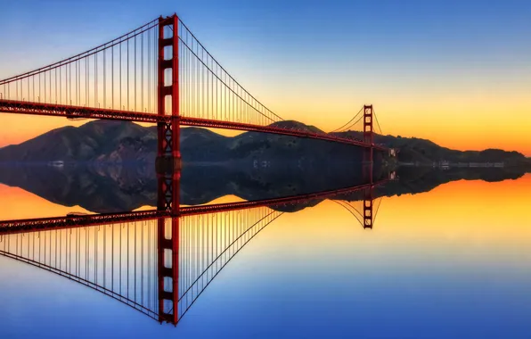 Мост, пролив, отражение, Калифорния, Золотые Ворота, США, Golden Gate Bridge, Сан Франциско