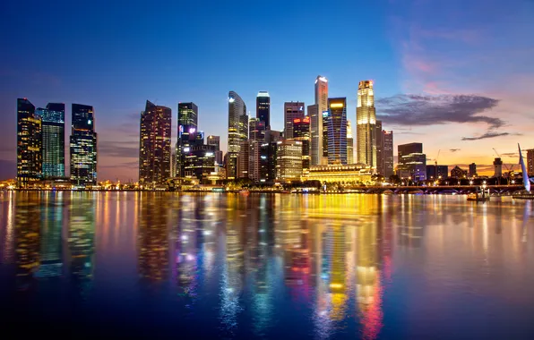 Вода, город, отражение, небоскребы, вечер, зарево, набережная, singapore