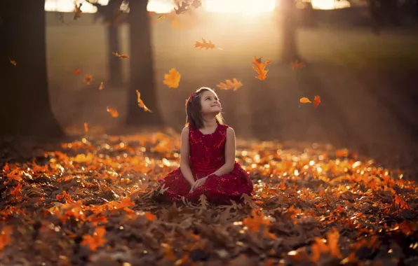 Картинка осень, листья, платье, девочка, боке