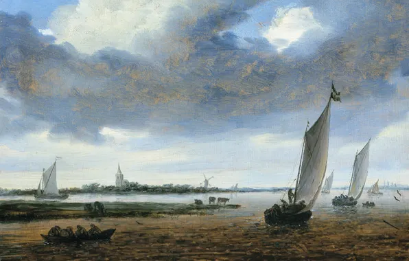 Картинка пейзаж, лодка, картина, парус, Salomon van Ruysdael, Соломон ван Рёйсдал, Вид на Бевервейк со Стороны …