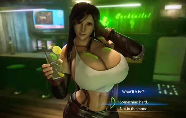 Грудь, взгляд, девушка, бар, сиськи, коктейль, Final Fantasy, ff7
