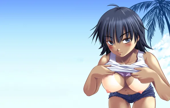 Girl, sexy, shorts, nipples, boobs, anime, blue eyes, beautiful