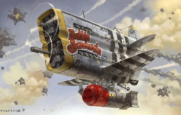 Картинка самолет, фантастика, art, воздушный бой, ядерная бомба, Christian Pearce, Butt-head, гротеск