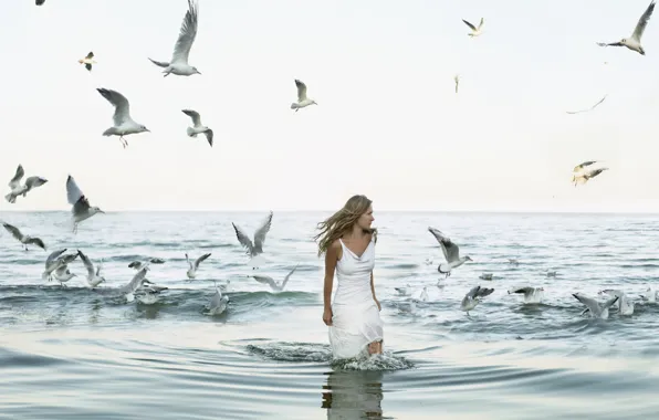 Море, девушка, птицы, чайки, блондинка