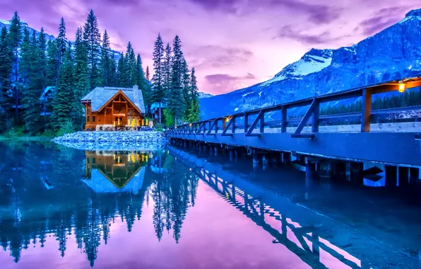 Картинка деревья, горы, мост, озеро, дом, река, Emerald Lake