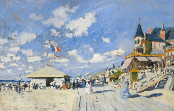 Картинка пейзаж, картина, Клод Моне, Дощатый Настин на Пляже в Трувиле