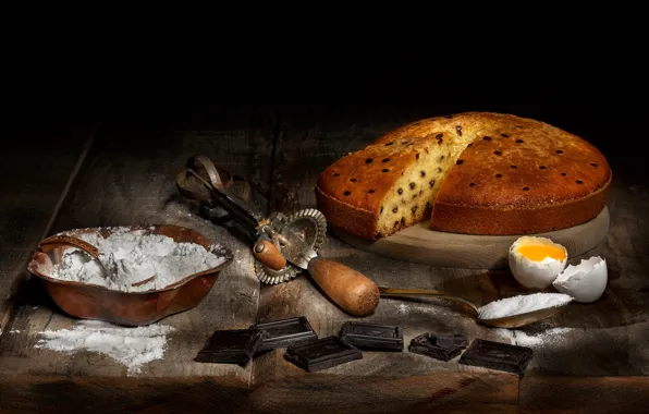 Доски, еда, шоколад, яйца, пирог, черный фон, натюрморт, предметы