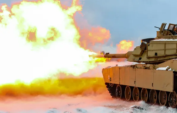 Огонь, выстрел, танк, залп, M1A1, бронетехника, Abrams, Абрамс