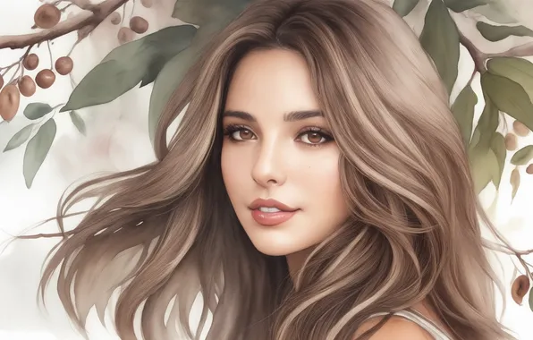 Девушка, зеленый, green, женщина, рисунок, красота, акварель, girl