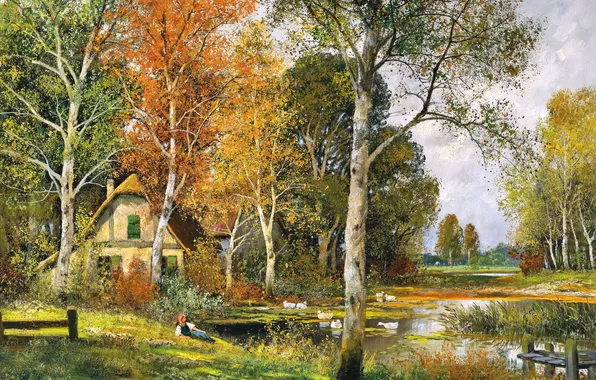 Девушка, Деревья, Дом, Пруд, Картина, Alois Arnegger, Алоис Арнеггер, Австрийский живописец