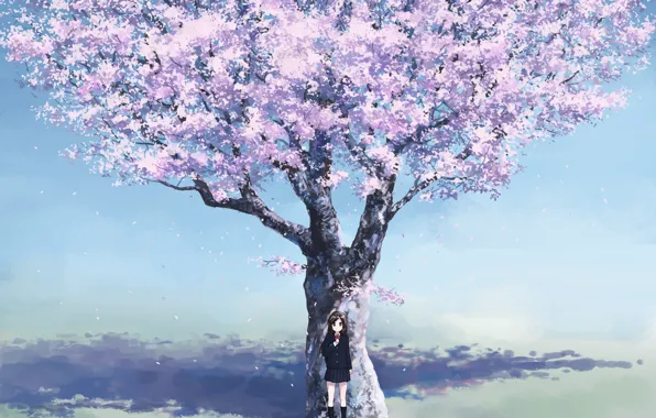 Картинка вишня, весна, аниме, сакура, девочка