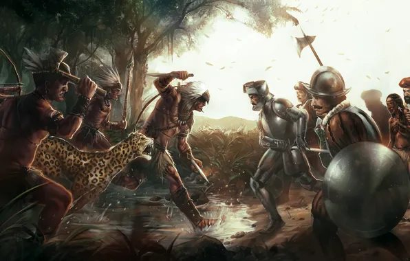 Картинка лес, оружие, арт, ягуар, лужи, битва, индейцы, Assassin's Creed