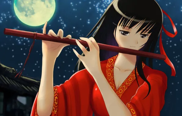Девушка, ночь, луна, арт, кимоно, флейта, музыкальный инструмент, xiao lian