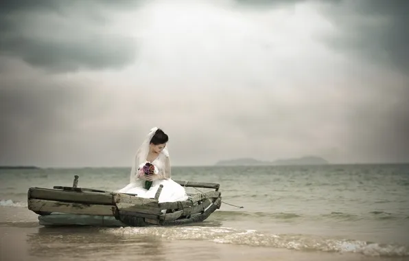 Картинка море, девушка, лодка, азиатка