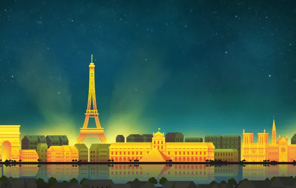 Париж, Небо, Минимализм, Ночь, Город, Paris, Art, Digital