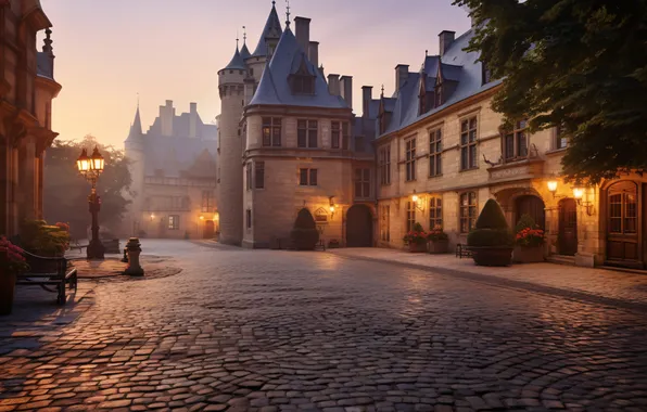 Огни, замок, вечер, брусчатка, двор, landscape, castle, ancient