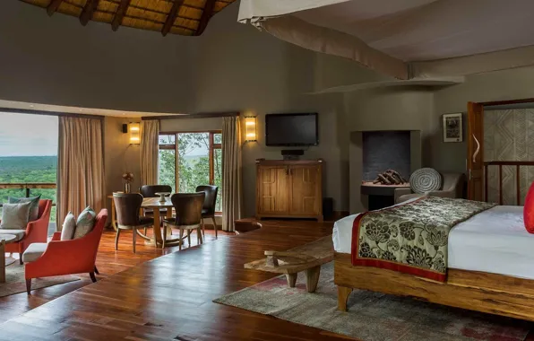 Пространство, интерьер, камин, спальня, гостиная, столовая, Cliff lodge, Ulusaba