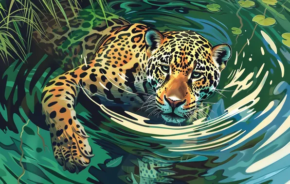 Картинка Вода, Ягуар, Морда, Хищник, Арт, Цифровое искусство, Большая кошка, ИИ-арт