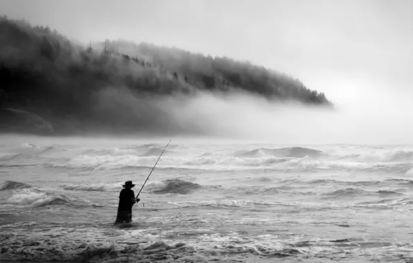 Картинка волны, пляж, деревья, туман, рыбак, холм, мужчина, море взволнованное