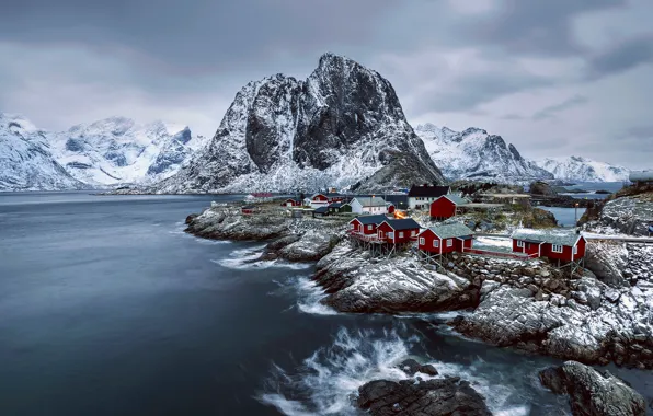 Картинка зима, снег, горы, Норвегия, городок, поселение, Февраль, архипелаг