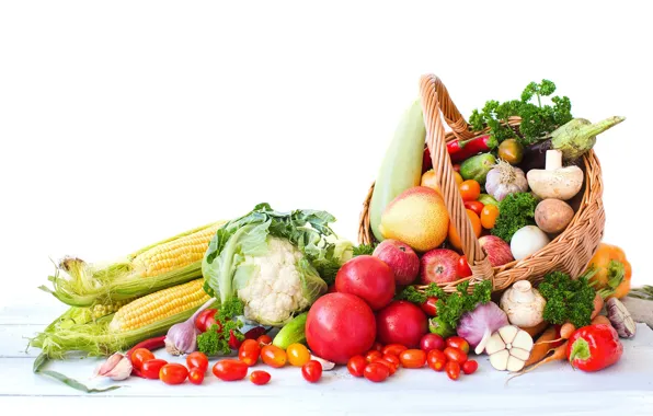 Картинка корзина, яблоки, грибы, кукуруза, овощи, помидоры
