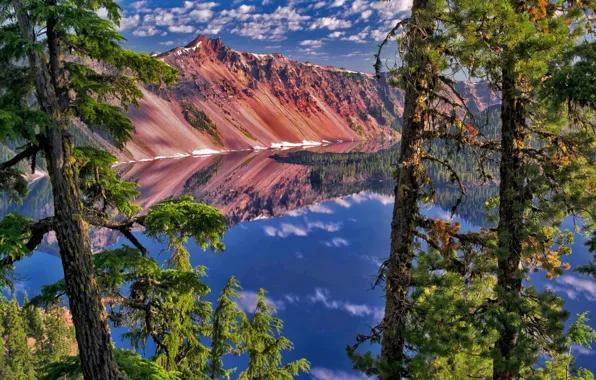 Деревья, горы, природа, озеро, Орегон, США, Crater Lake National Park, The Watchman Peak