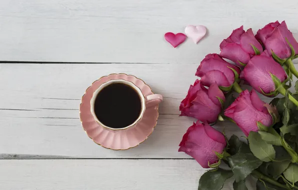 Картинка розы, букет, сердечки, wood, pink, romantic, hearts, coffee cup