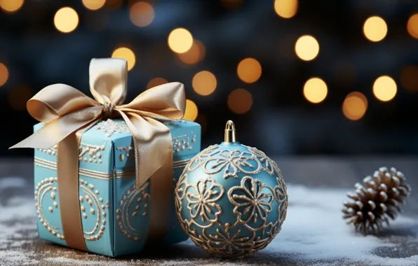 Зима, снег, украшения, снежинки, шары, Новый Год, Рождество, подарки