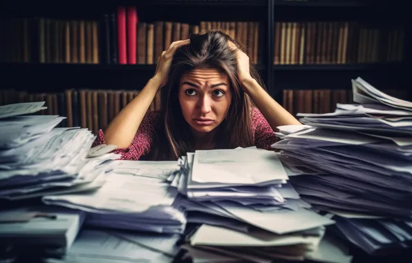 Woman, papers, burnout