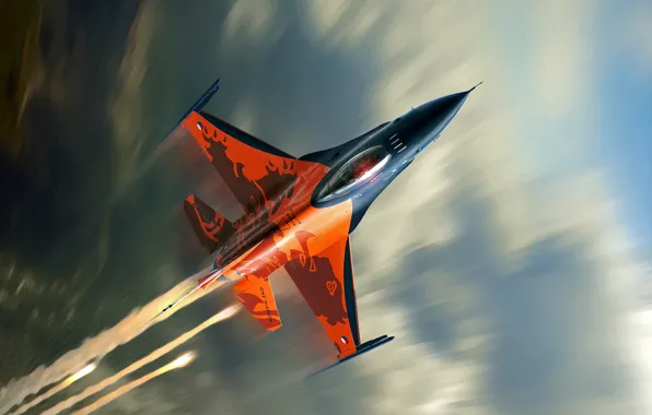 Картинка облака, самолет, скорость, истребитель, полёт, F-16