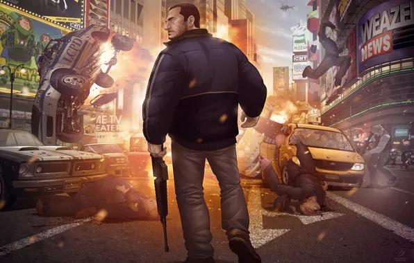Картинка взрыв, полиция, такси, центр, patrick brown, нью йорк, нико беллик, Grand Theft Auto IV Finale