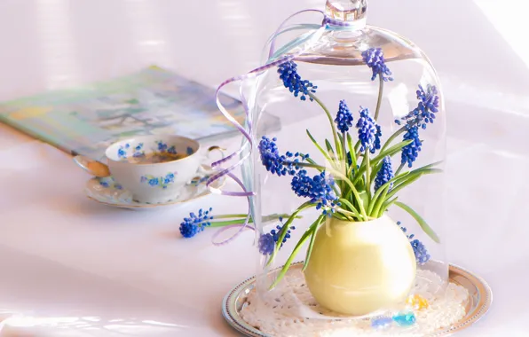 Картинка цветы, стол, чашка, синие, серверовка