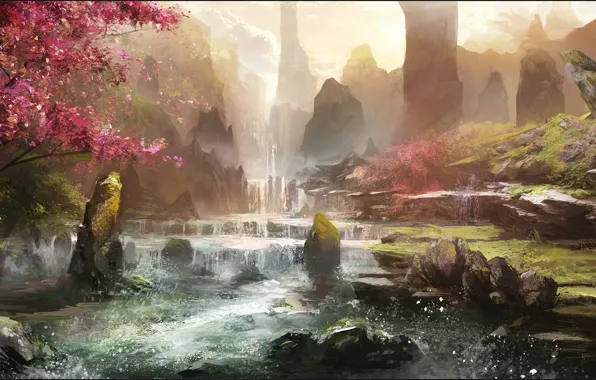 Деревья, река, камни, арт, нарисованный пейзаж