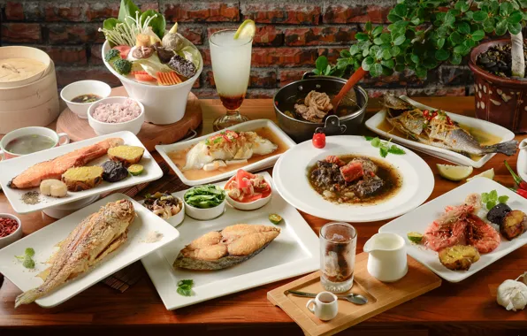 Рыба, овощи, креветки, морепродукты, блюда, ассорти