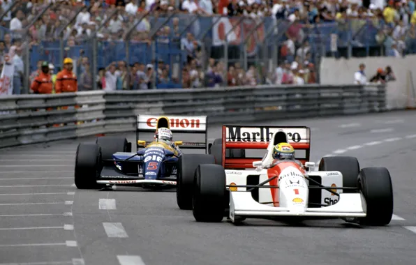 Картинка Ayrton Senna, Nigel Mansell, McLaren MP4/7, Williams FW14B, GP Monaco, Season 1992