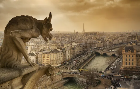 Город, Франция, архитектура, Notre Dame de Paris, горгулья, панорамма