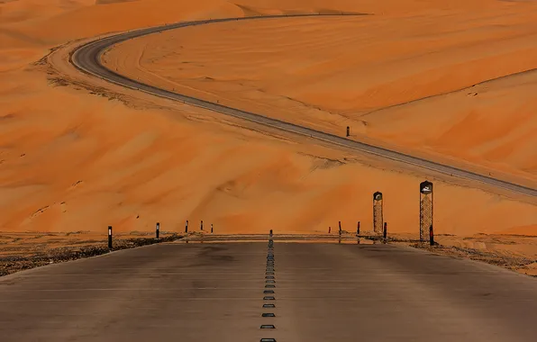 Дорога, холмы, пустыня, башня, шоссе