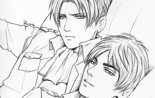 Рисунок, аниме, арт, парни, двое, Атака Титанов, Shingeki No Kyojin, Эрен Йегер
